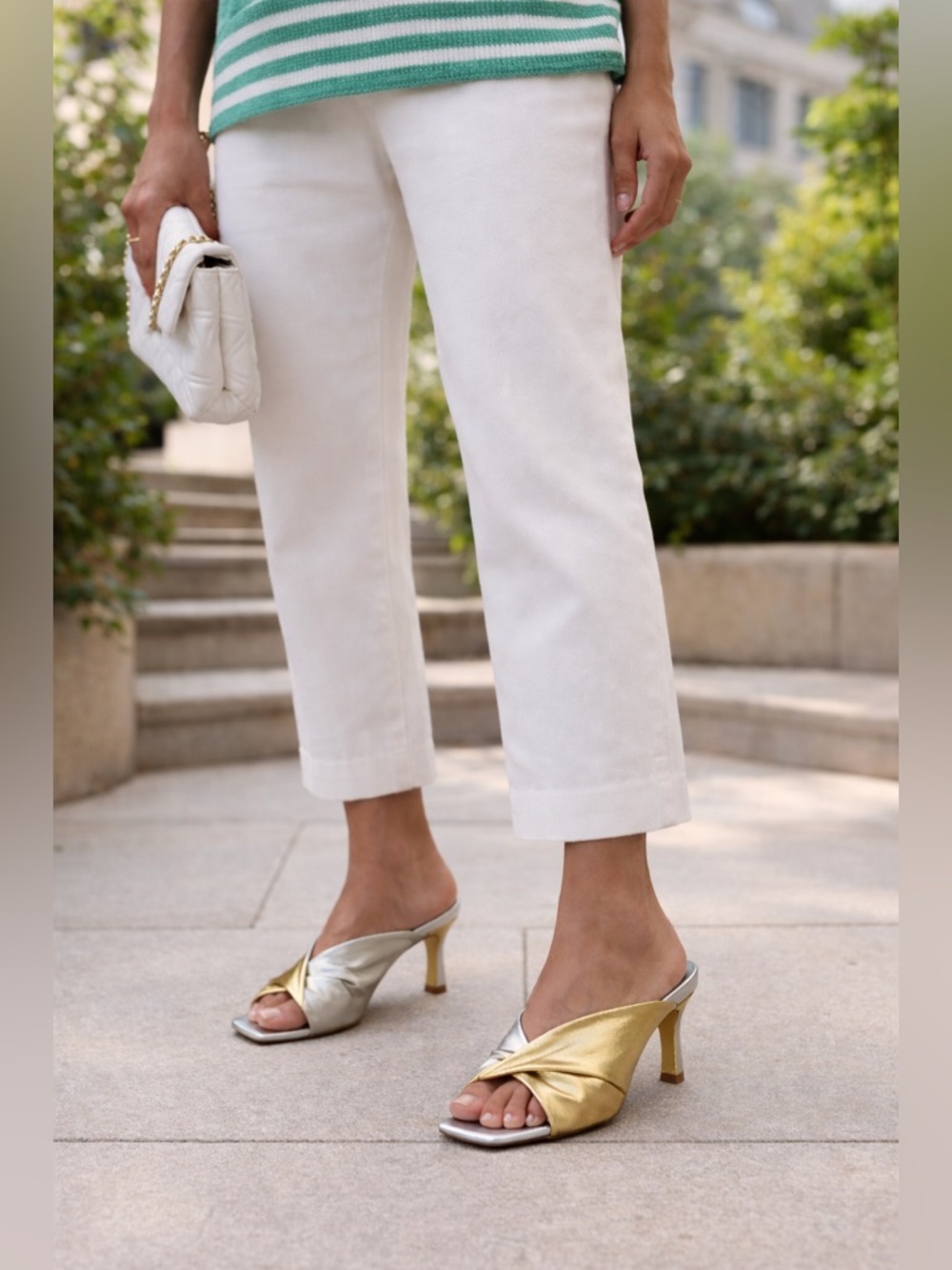 CARRANO Sage Leather Tow Tone Slide Kitten Heel Sandal